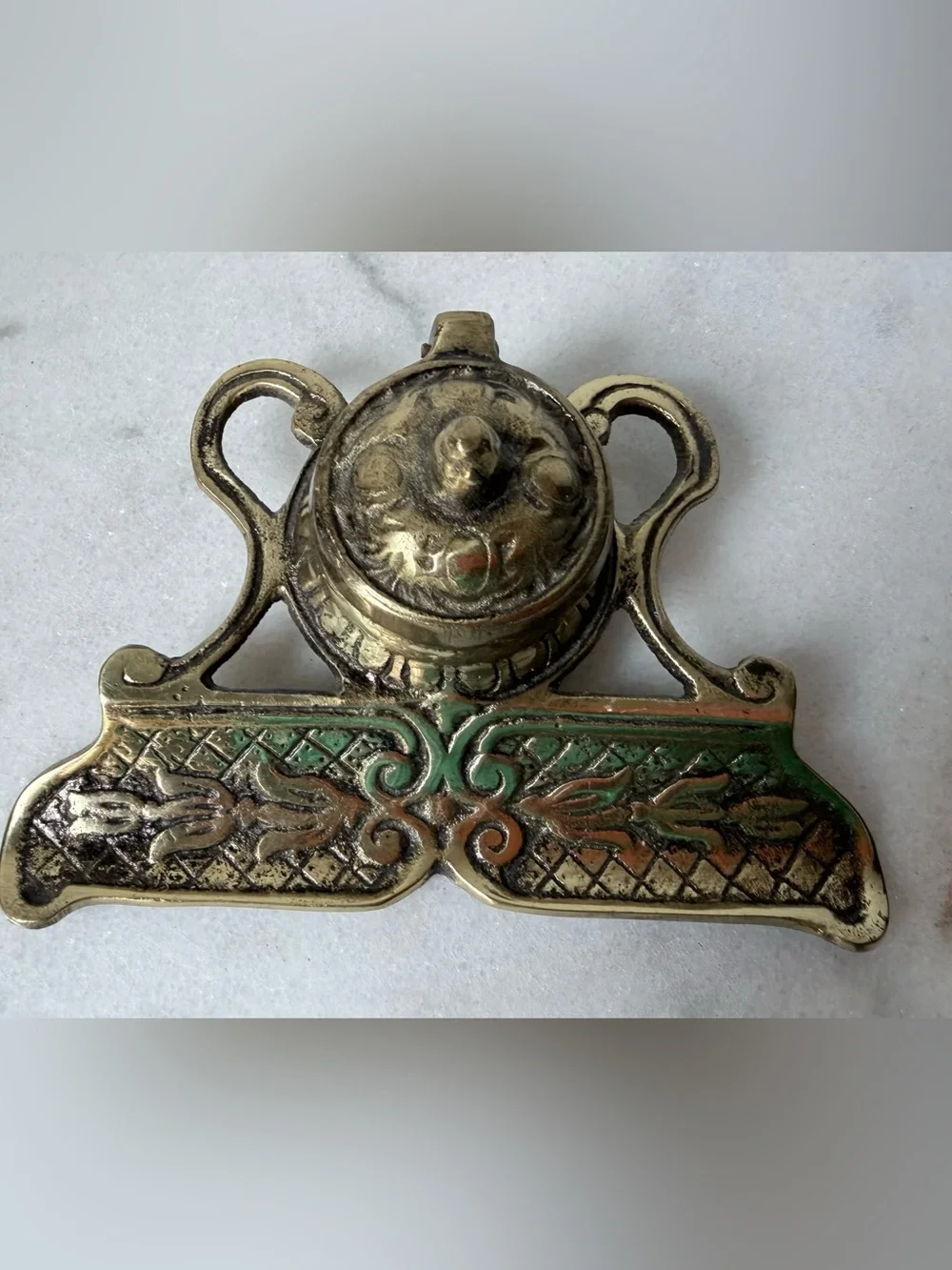 Brass Ink Well and Pen Rest - Antique-Style Brass Finish